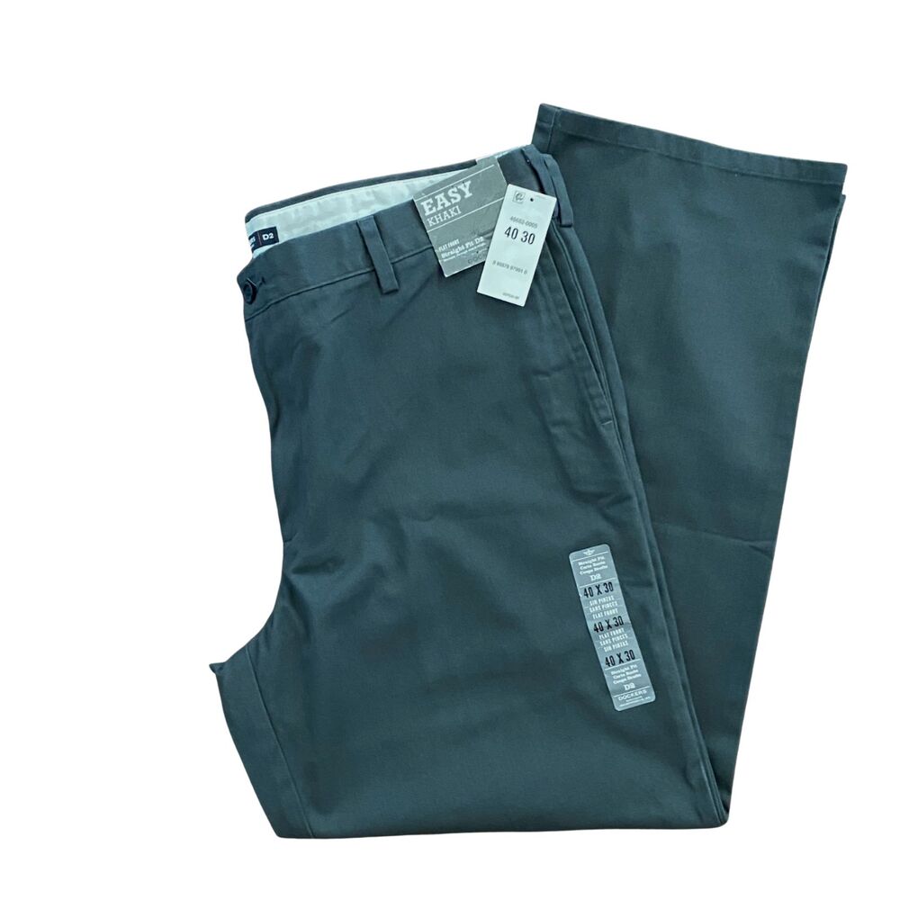Dockers Easy Khaki Pants Men 40x30 Straight Fit D2 Flat Front Dk Gray Storm